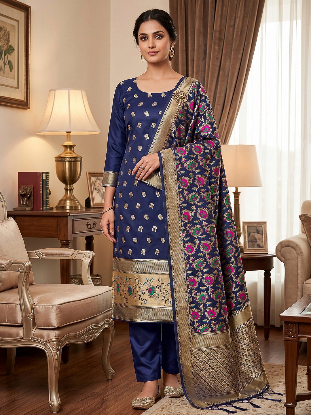 Navy-Blue Pure Soft Banarasi Silk Woven Design Unstitched Dress Material