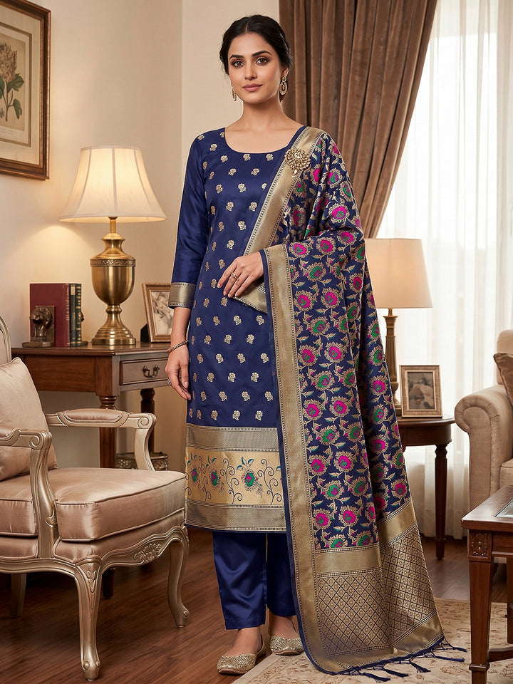 Navy-Blue Pure Soft Banarasi Silk Woven Design Unstitched Dress Material