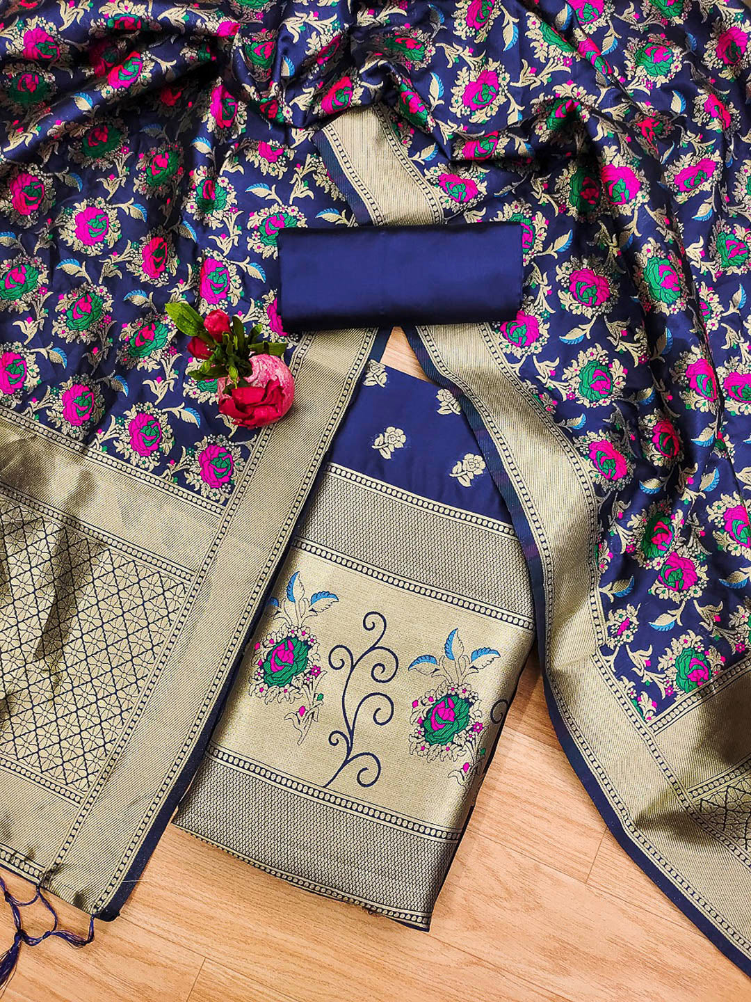 Navy-Blue Pure Soft Banarasi Silk Woven Design Unstitched Dress Material