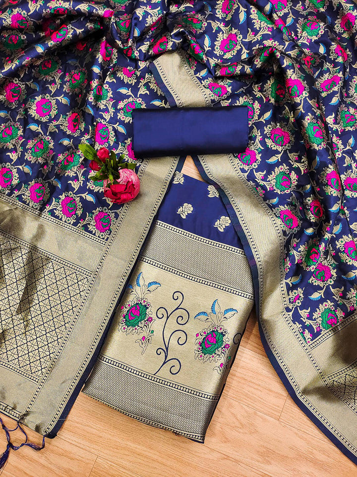 Navy-Blue Pure Soft Banarasi Silk Woven Design Unstitched Dress Material
