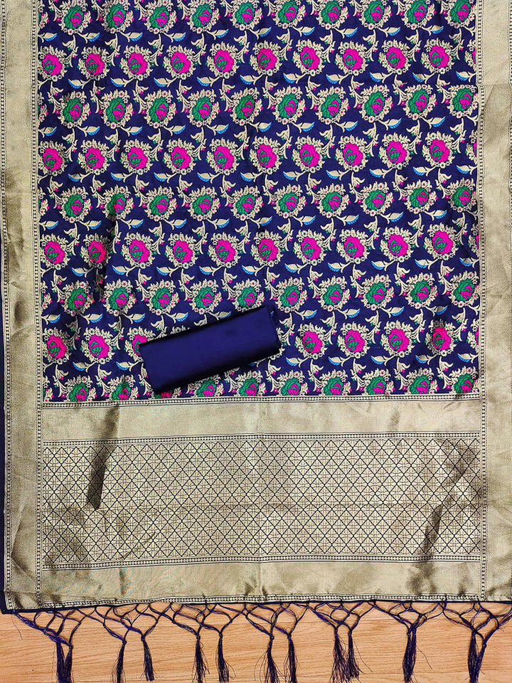 Navy-Blue Pure Soft Banarasi Silk Woven Design Unstitched Dress Material
