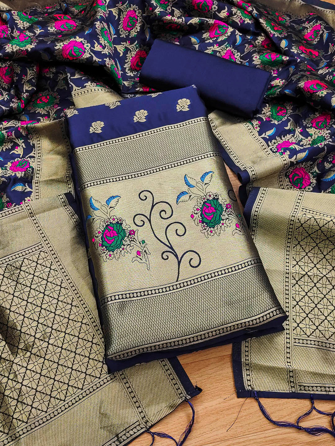 Navy-Blue Pure Soft Banarasi Silk Woven Design Unstitched Dress Material