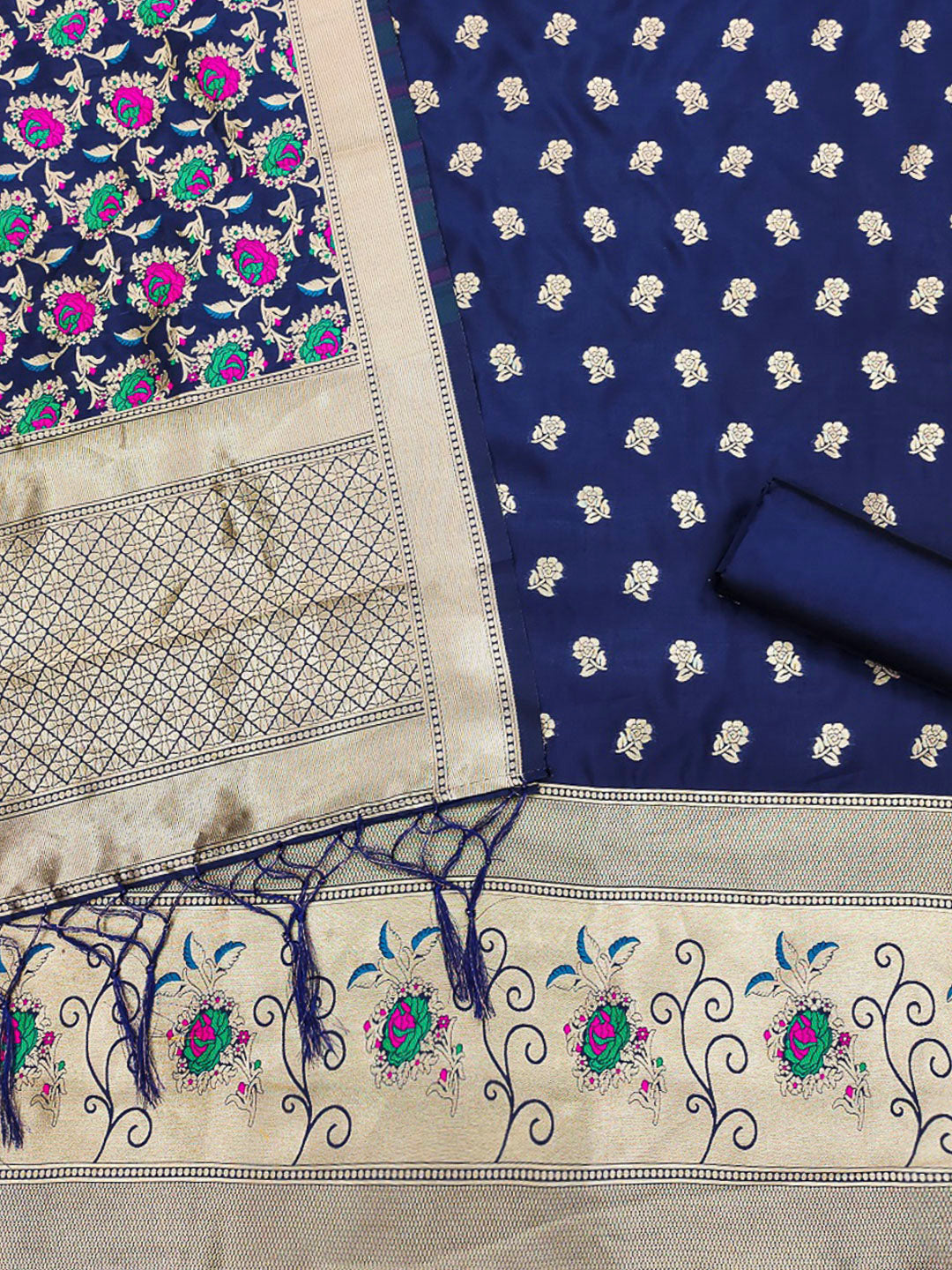 Navy-Blue Pure Soft Banarasi Silk Woven Design Unstitched Dress Material