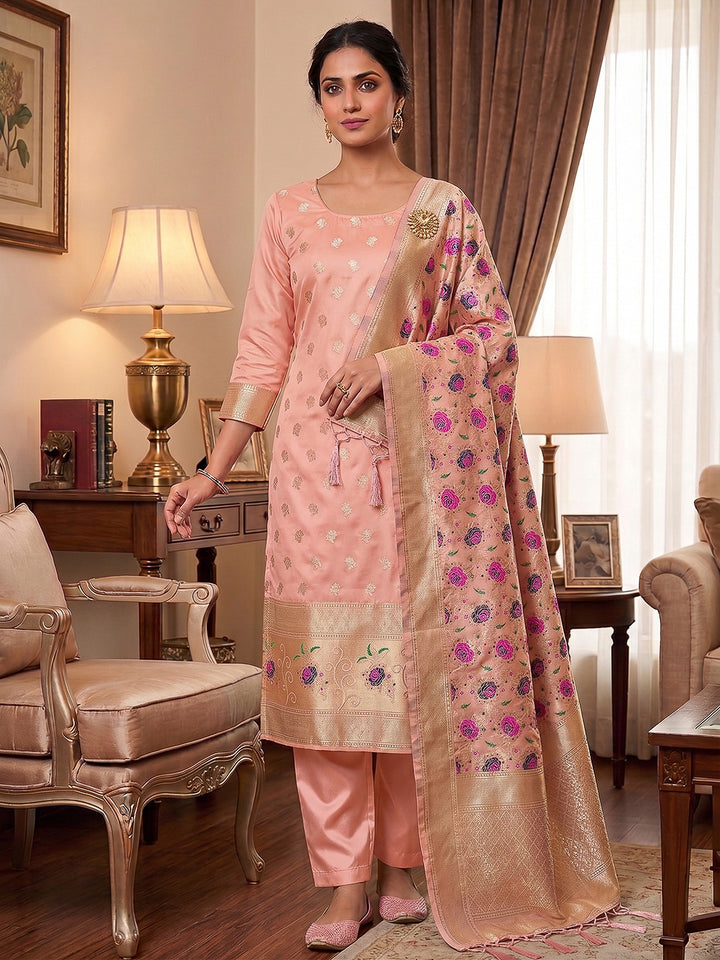 Peach Pure Soft Banarasi Silk Woven Design Unstitched Dress Material