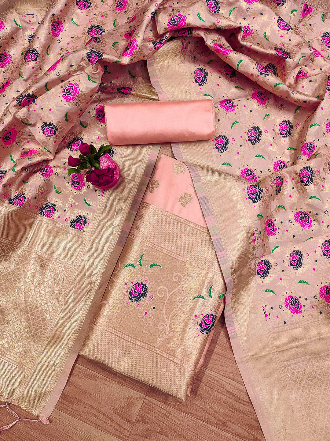 Peach Pure Soft Banarasi Silk Woven Design Unstitched Dress Material