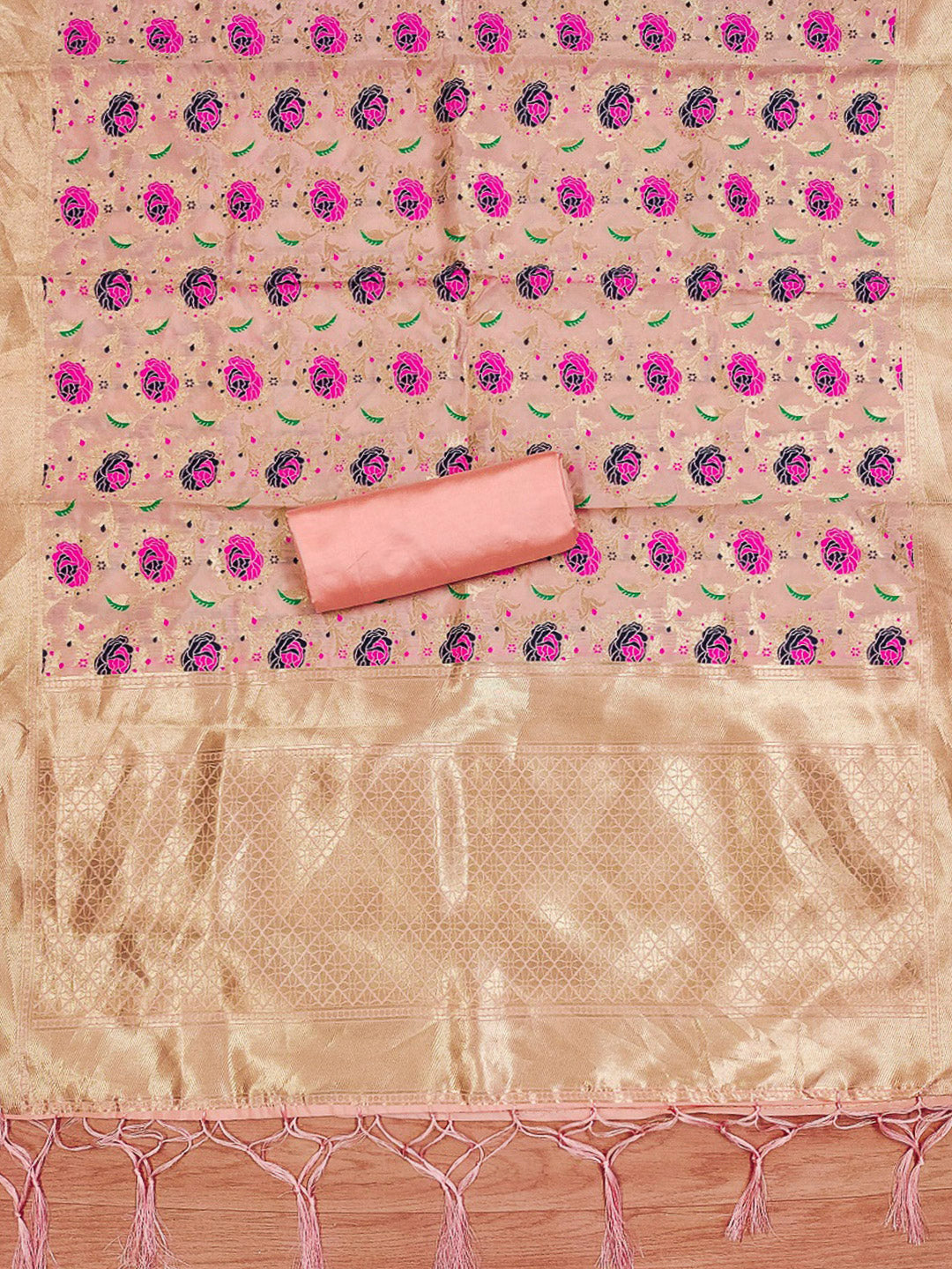 Peach Pure Soft Banarasi Silk Woven Design Unstitched Dress Material