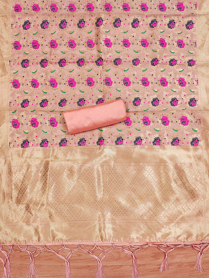Peach Pure Soft Banarasi Silk Woven Design Unstitched Dress Material