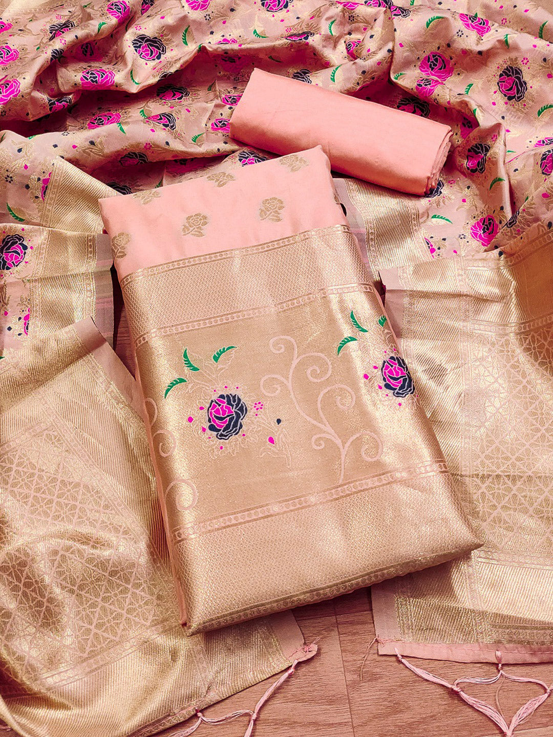 Peach Pure Soft Banarasi Silk Woven Design Unstitched Dress Material