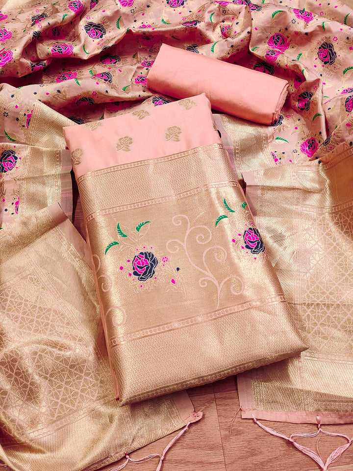 Peach Pure Soft Banarasi Silk Woven Design Unstitched Dress Material