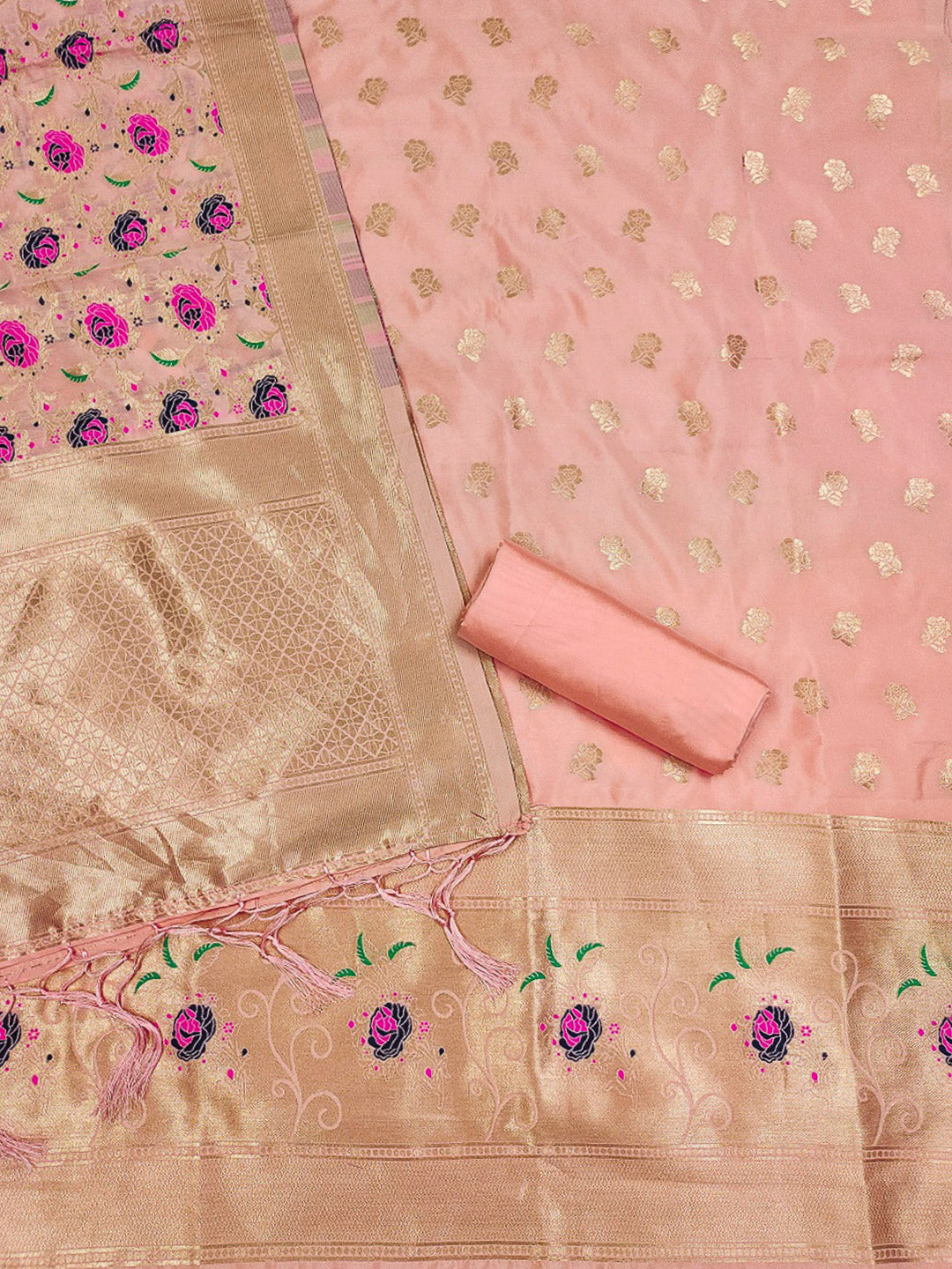 Peach Pure Soft Banarasi Silk Woven Design Unstitched Dress Material