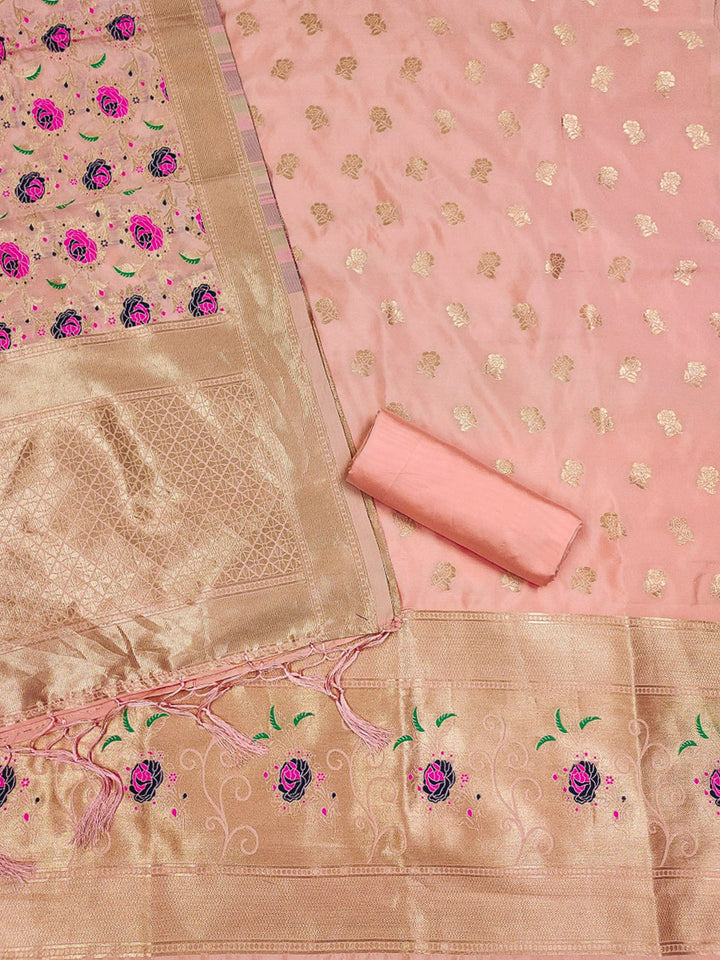 Peach Pure Soft Banarasi Silk Woven Design Unstitched Dress Material