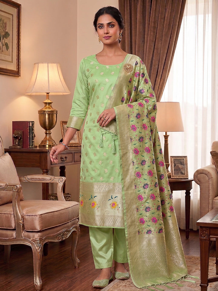 Pista-Green Pure Soft Banarasi Silk Woven Design Unstitched Dress Material