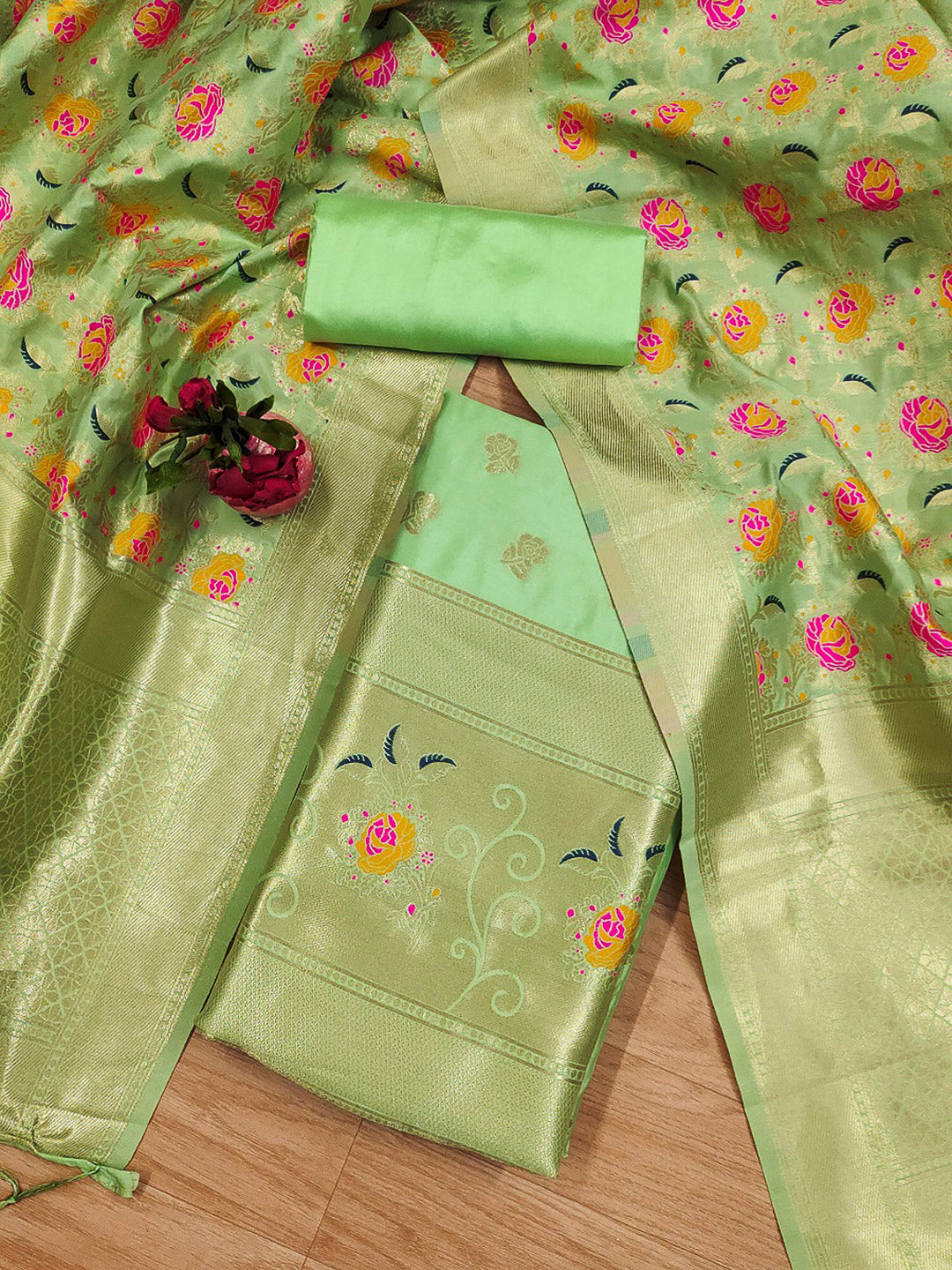 Pista-Green Pure Soft Banarasi Silk Woven Design Unstitched Dress Material