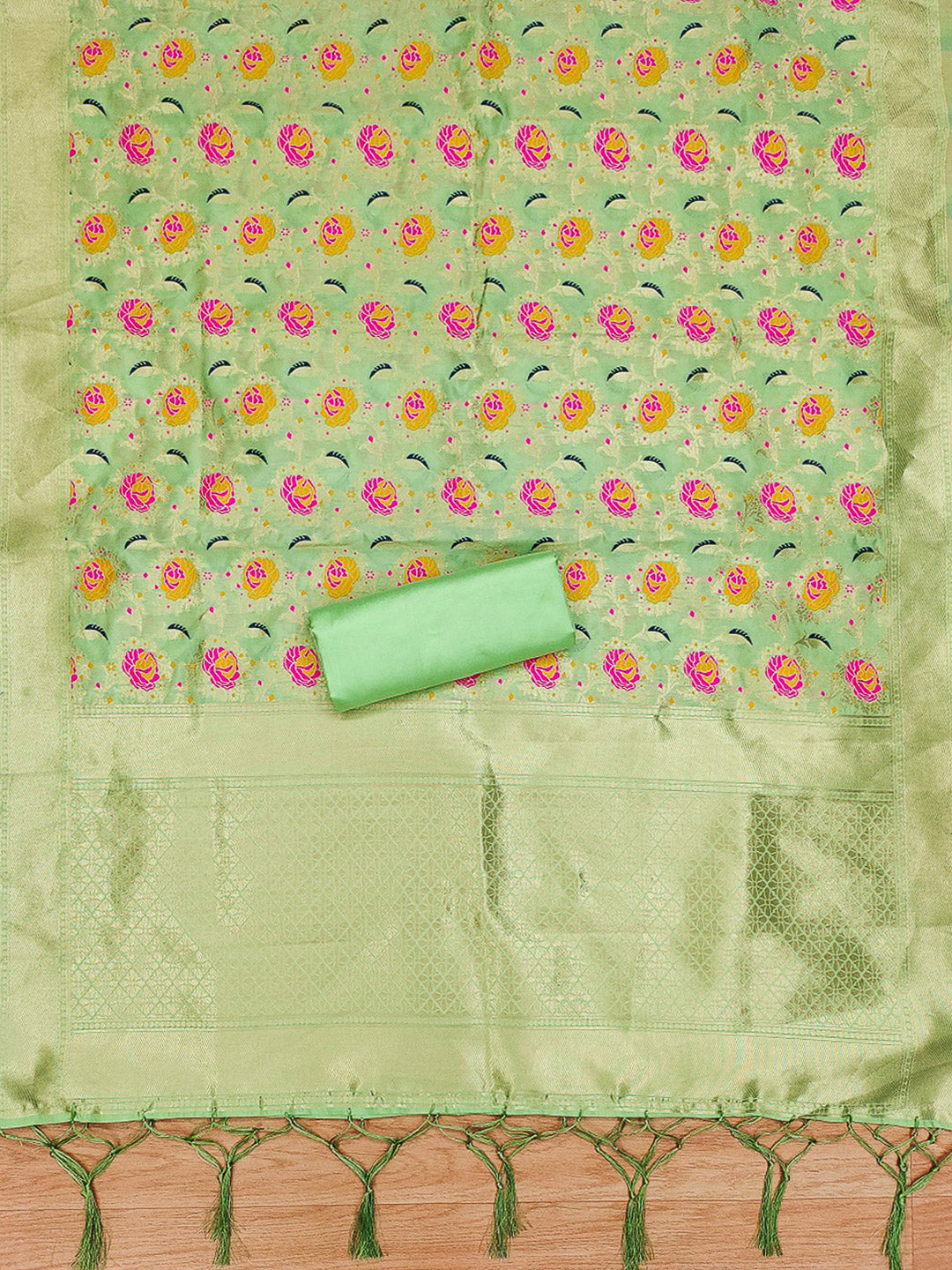 Pista-Green Pure Soft Banarasi Silk Woven Design Unstitched Dress Material