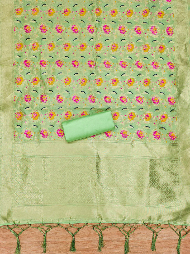 Pista-Green Pure Soft Banarasi Silk Woven Design Unstitched Dress Material