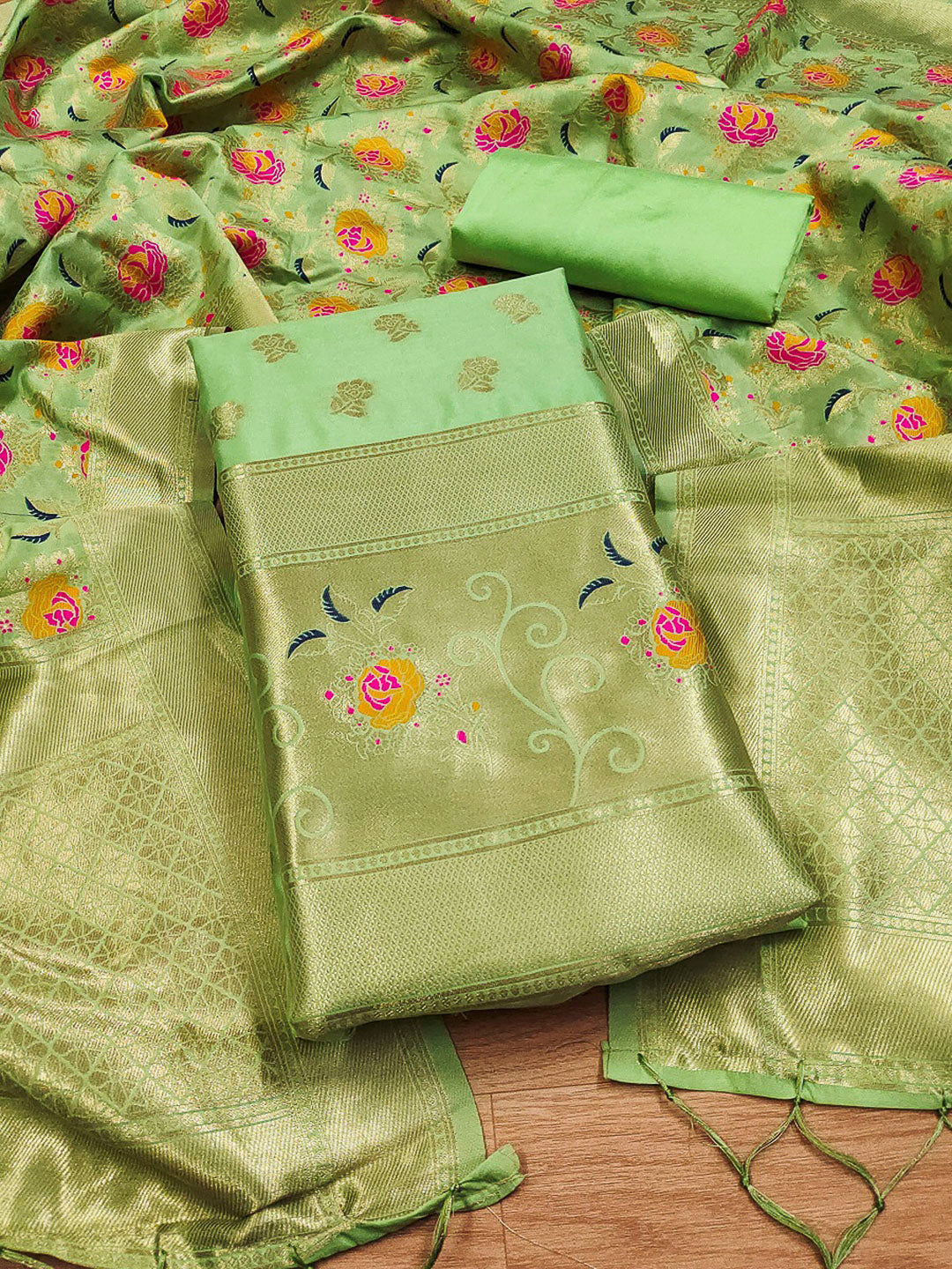 Pista-Green Pure Soft Banarasi Silk Woven Design Unstitched Dress Material