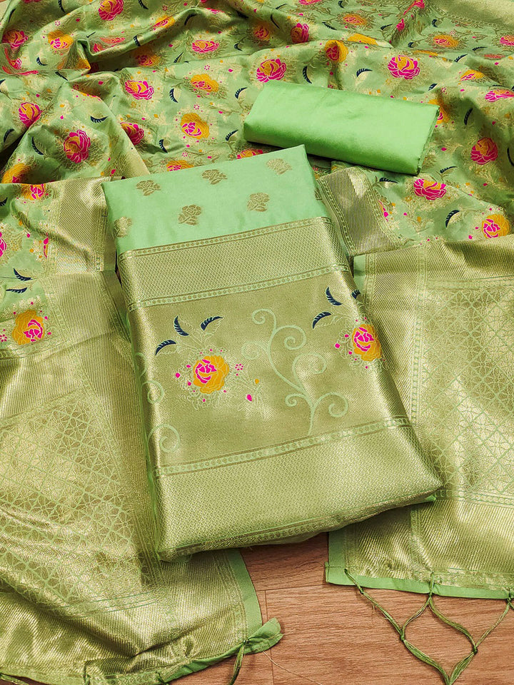 Pista-Green Pure Soft Banarasi Silk Woven Design Unstitched Dress Material