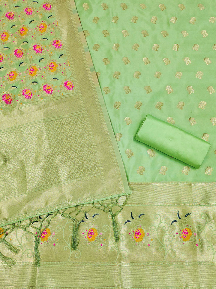 Pista-Green Pure Soft Banarasi Silk Woven Design Unstitched Dress Material