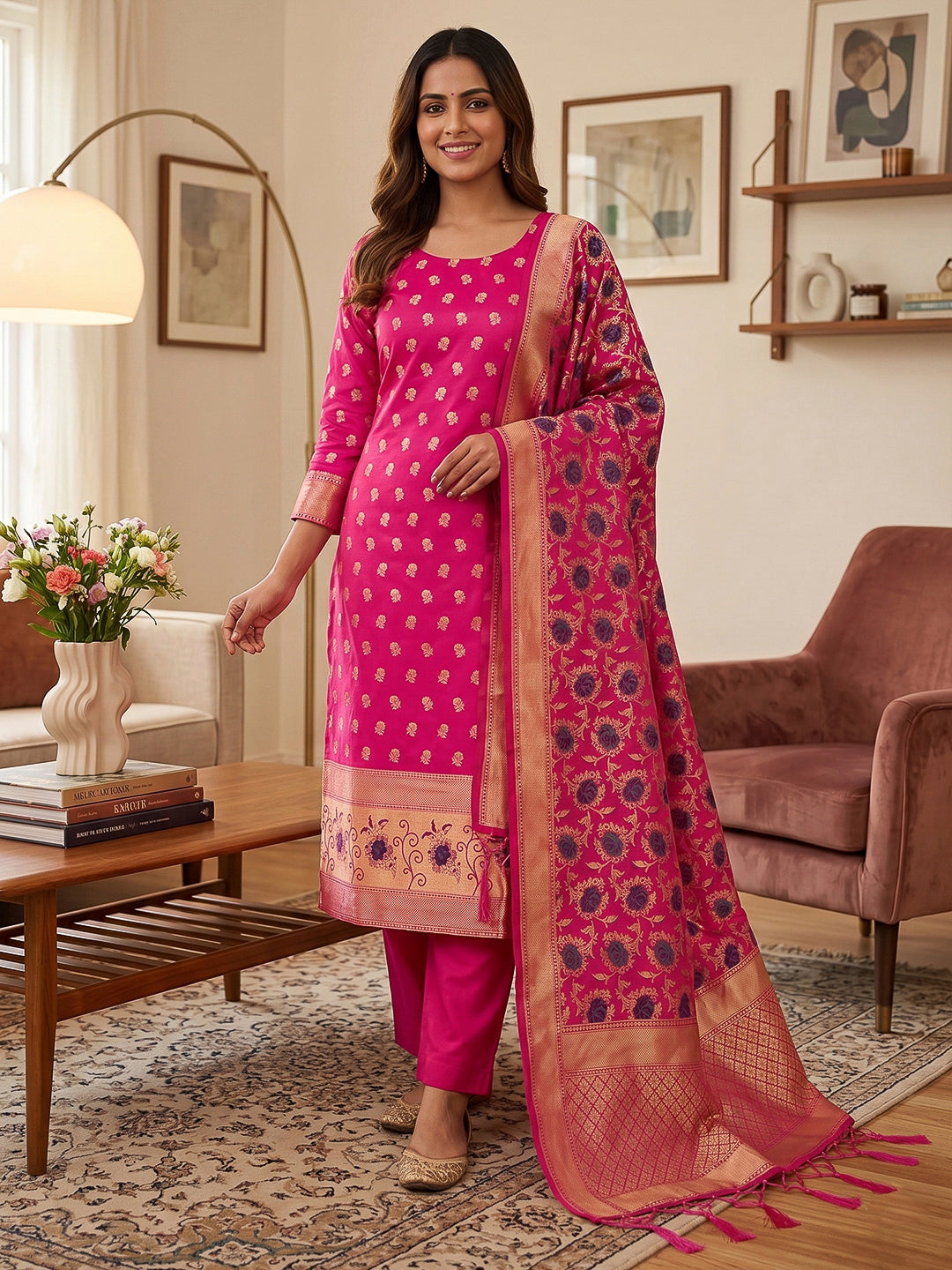 Pink Pure Soft Banarasi Silk Woven Design Unstitched Dress Material