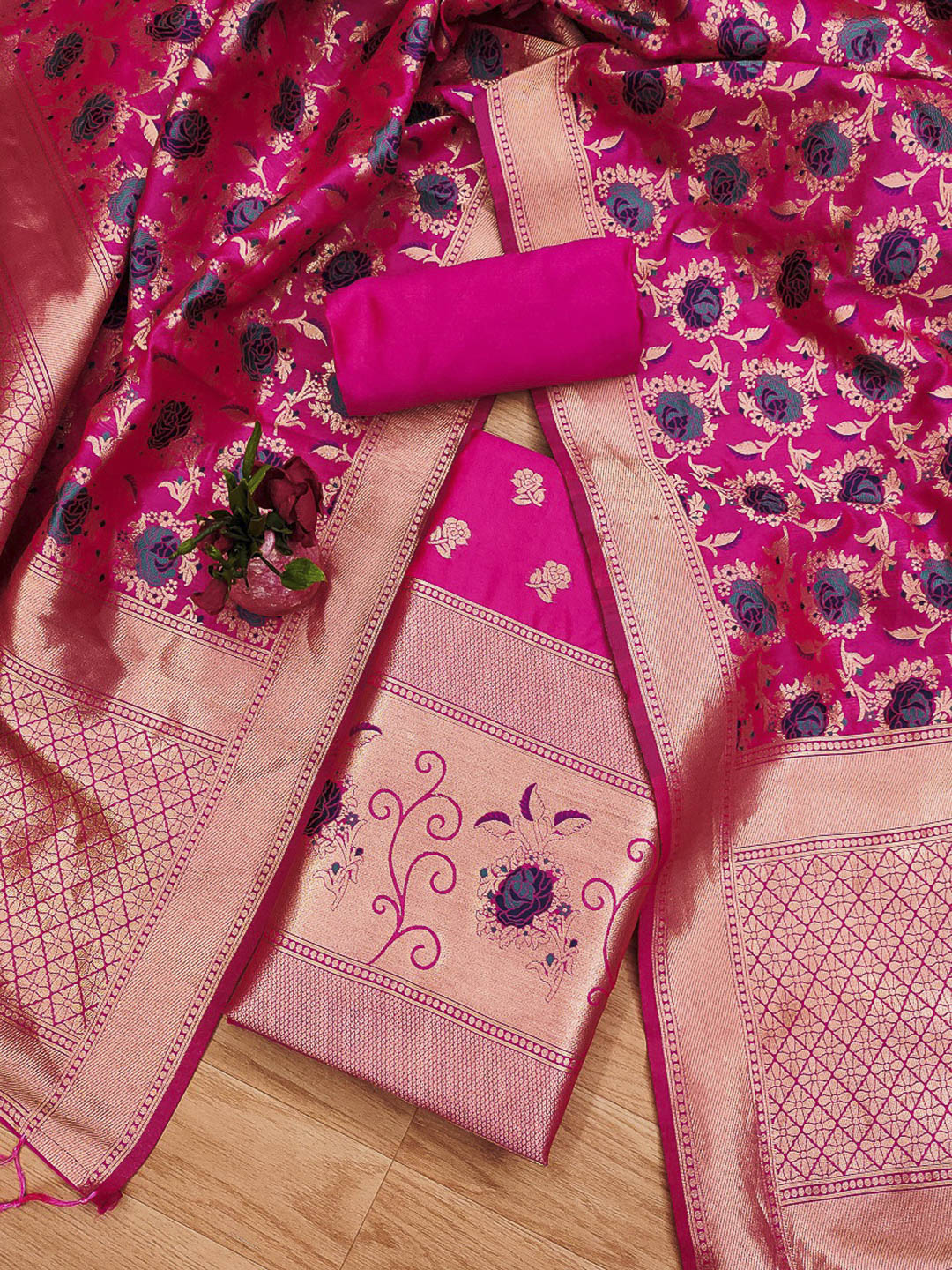 Pink Pure Soft Banarasi Silk Woven Design Unstitched Dress Material