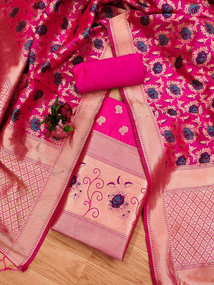 Pink Pure Soft Banarasi Silk Woven Design Unstitched Dress Material