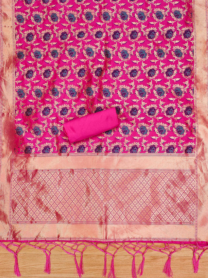 Pink Pure Soft Banarasi Silk Woven Design Unstitched Dress Material