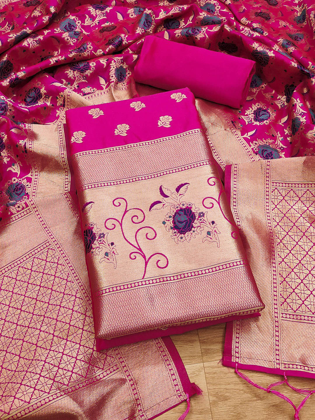 Pink Pure Soft Banarasi Silk Woven Design Unstitched Dress Material
