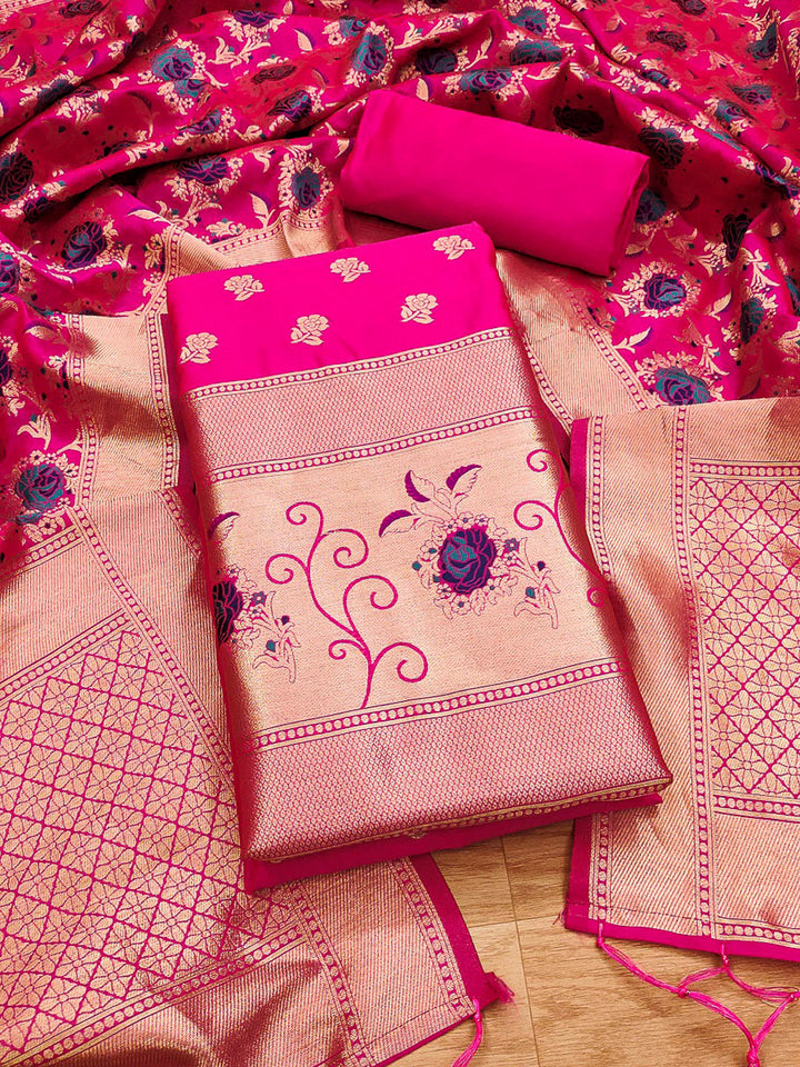 Pink Pure Soft Banarasi Silk Woven Design Unstitched Dress Material
