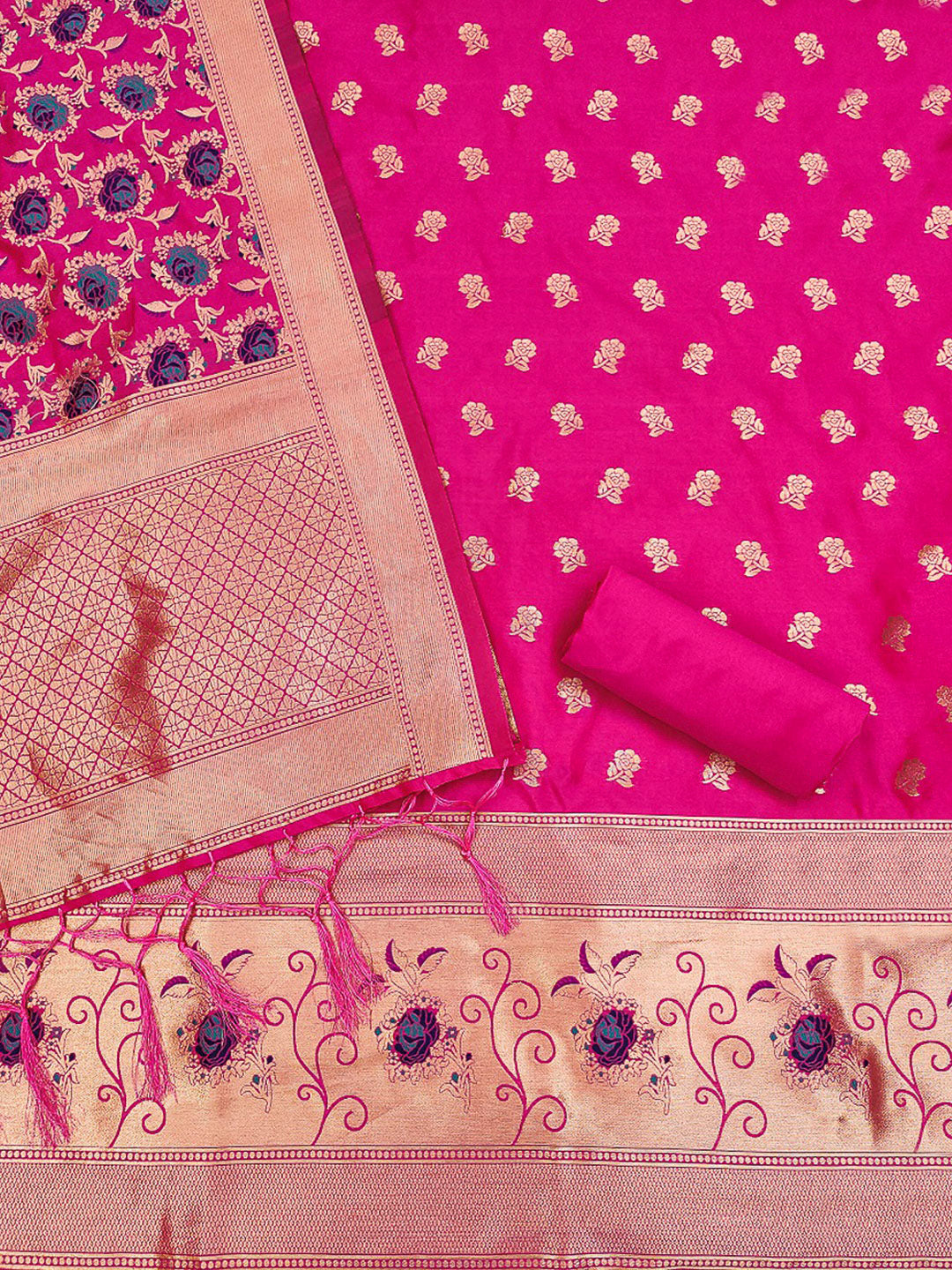 Pink Pure Soft Banarasi Silk Woven Design Unstitched Dress Material