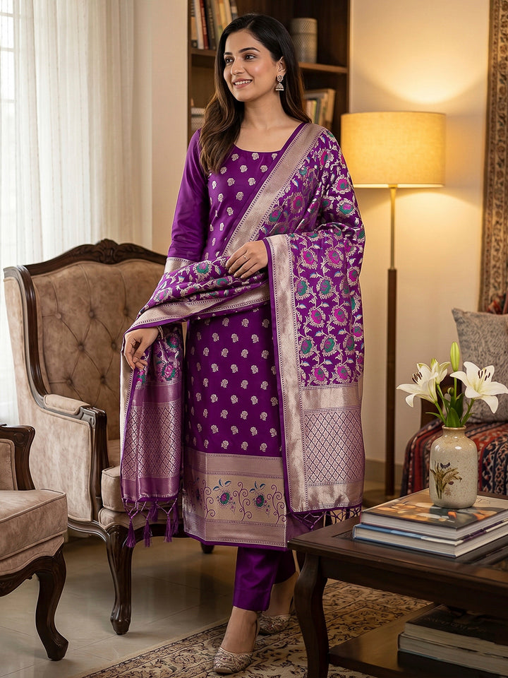Purple Pure Soft Banarasi Silk Woven Design Unstitched Dress Material