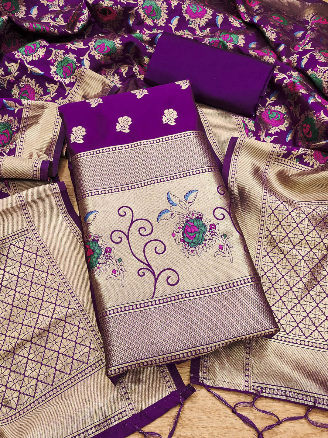 Purple Pure Soft Banarasi Silk Woven Design Unstitched Dress Material
