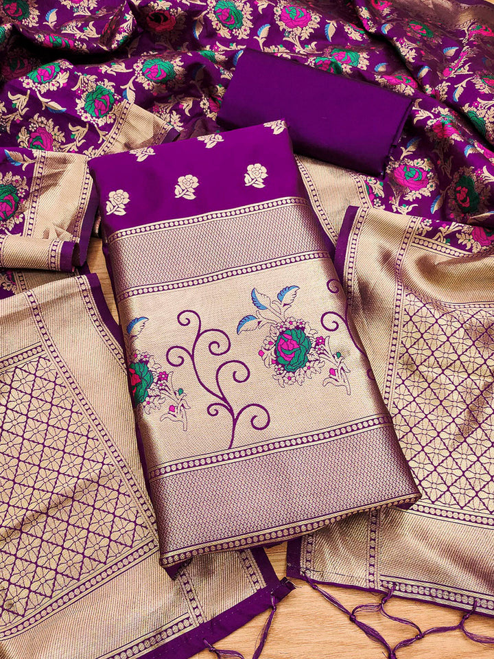 Purple Pure Soft Banarasi Silk Woven Design Unstitched Dress Material