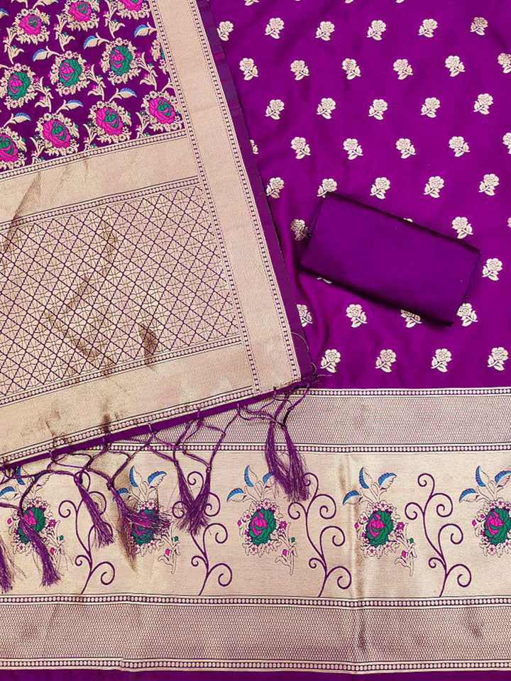 Purple Pure Soft Banarasi Silk Woven Design Unstitched Dress Material