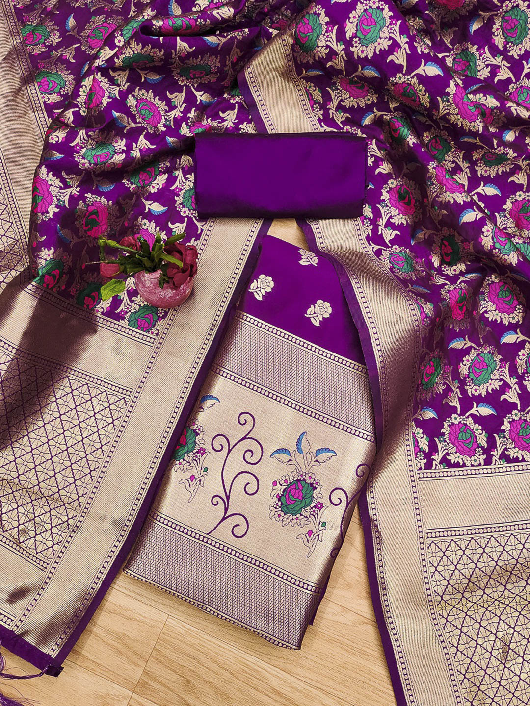 Purple Pure Soft Banarasi Silk Woven Design Unstitched Dress Material