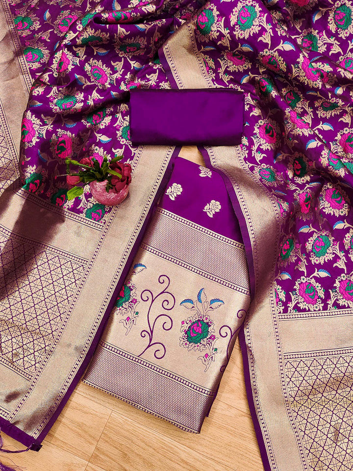 Purple Pure Soft Banarasi Silk Woven Design Unstitched Dress Material