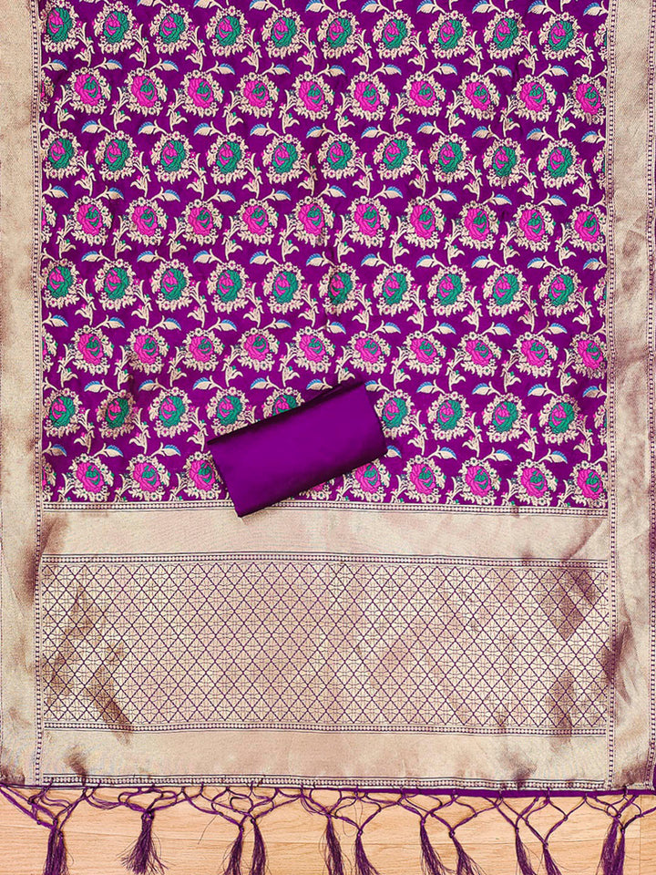 Purple Pure Soft Banarasi Silk Woven Design Unstitched Dress Material
