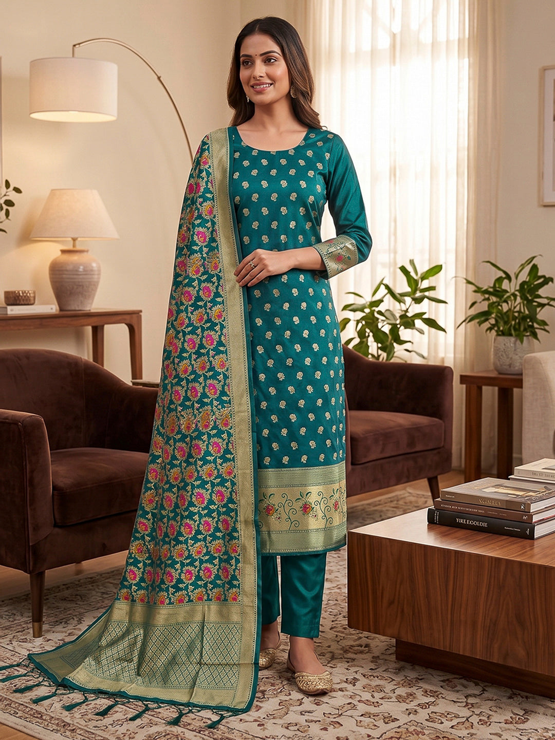 Rama-Green Pure Soft Banarasi Silk Woven Design Unstitched Dress Material