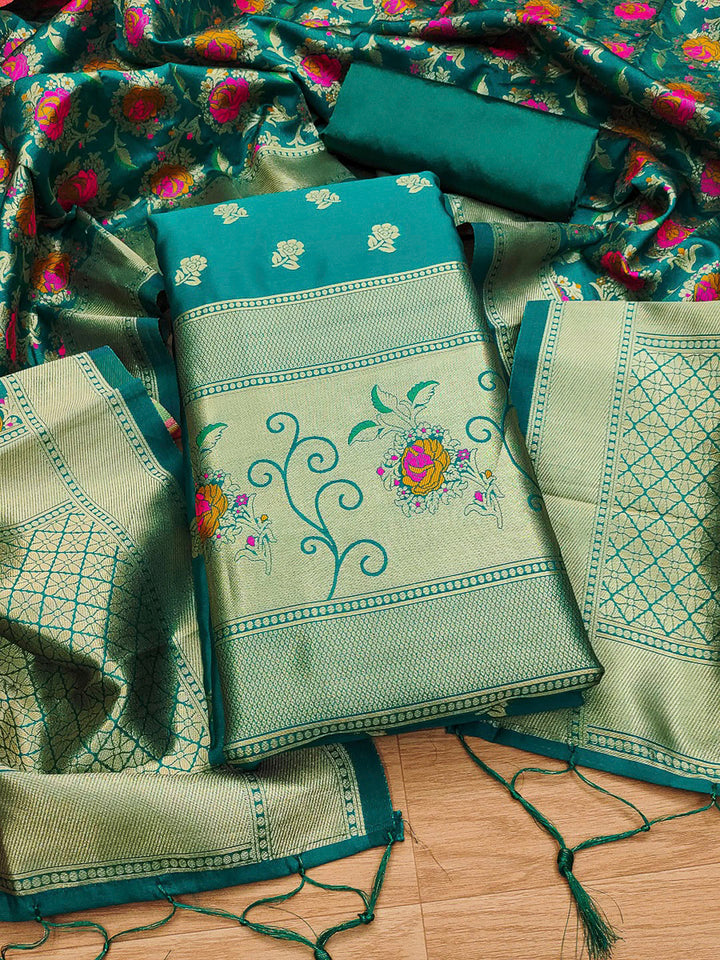 Rama-Green Pure Soft Banarasi Silk Woven Design Unstitched Dress Material