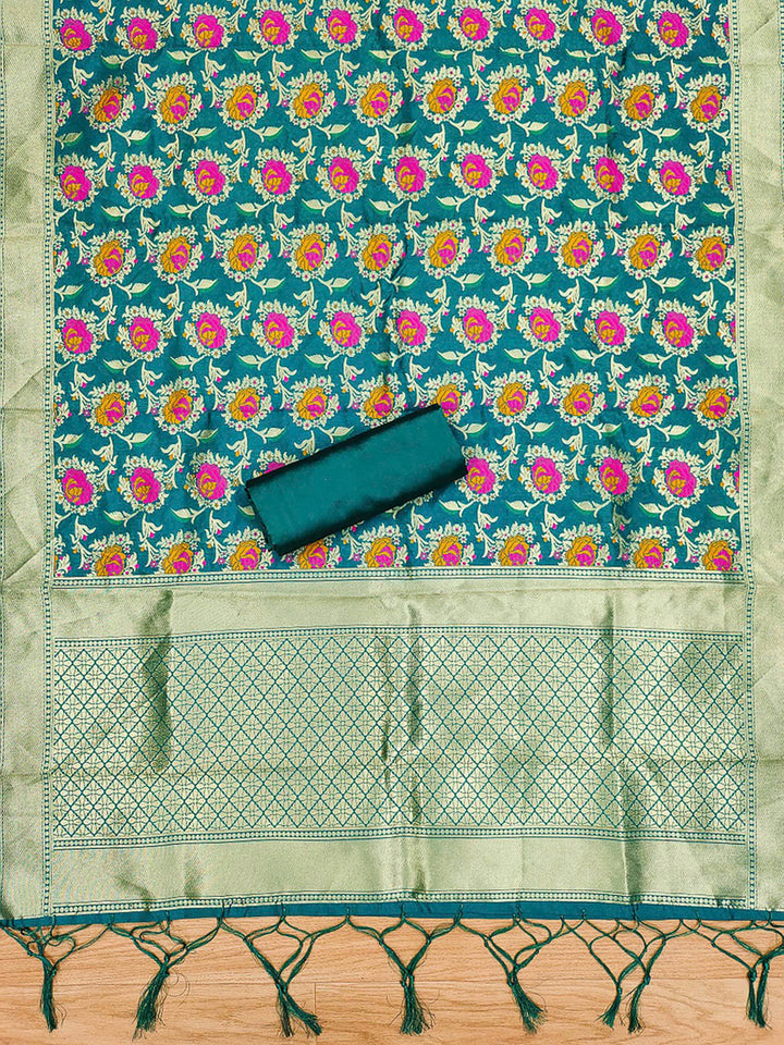 Rama-Green Pure Soft Banarasi Silk Woven Design Unstitched Dress Material