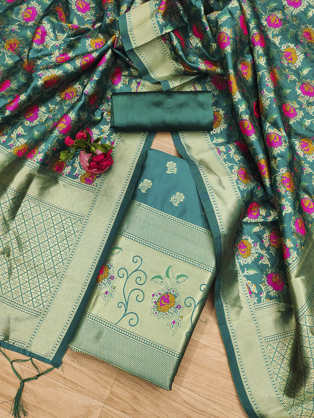 Rama-Green Pure Soft Banarasi Silk Woven Design Unstitched Dress Material