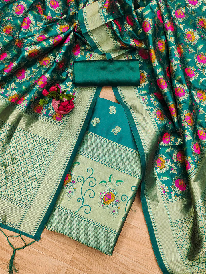 Rama-Green Pure Soft Banarasi Silk Woven Design Unstitched Dress Material