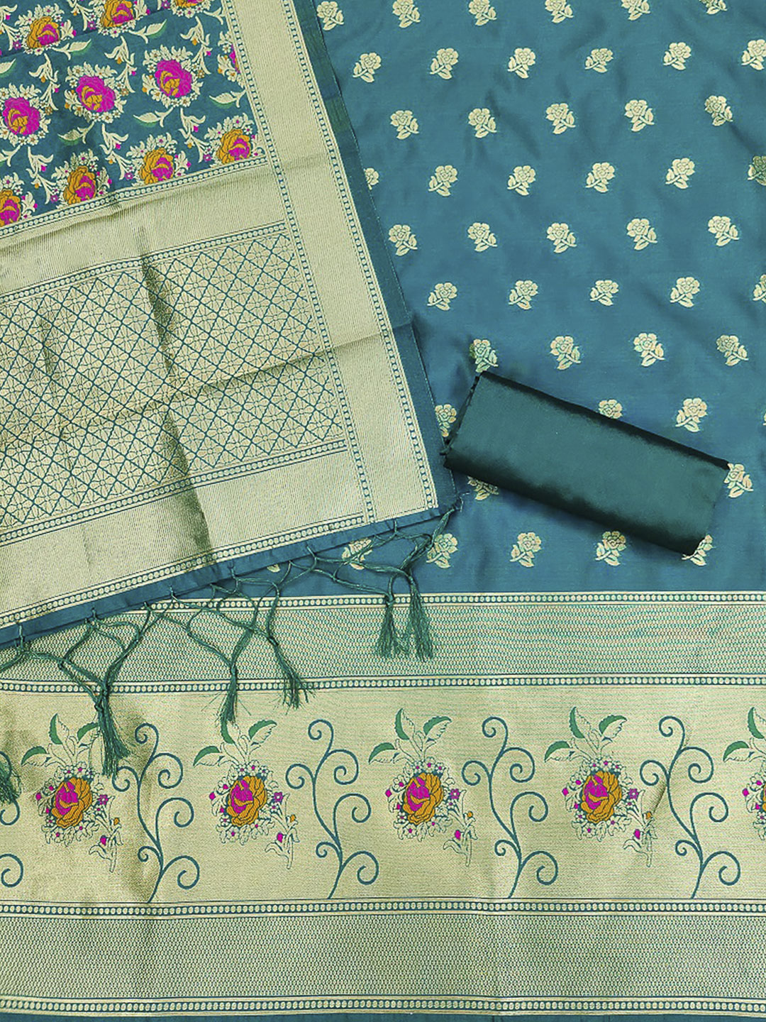 Rama-Green Pure Soft Banarasi Silk Woven Design Unstitched Dress Material