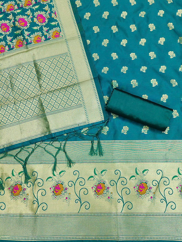 Rama-Green Pure Soft Banarasi Silk Woven Design Unstitched Dress Material
