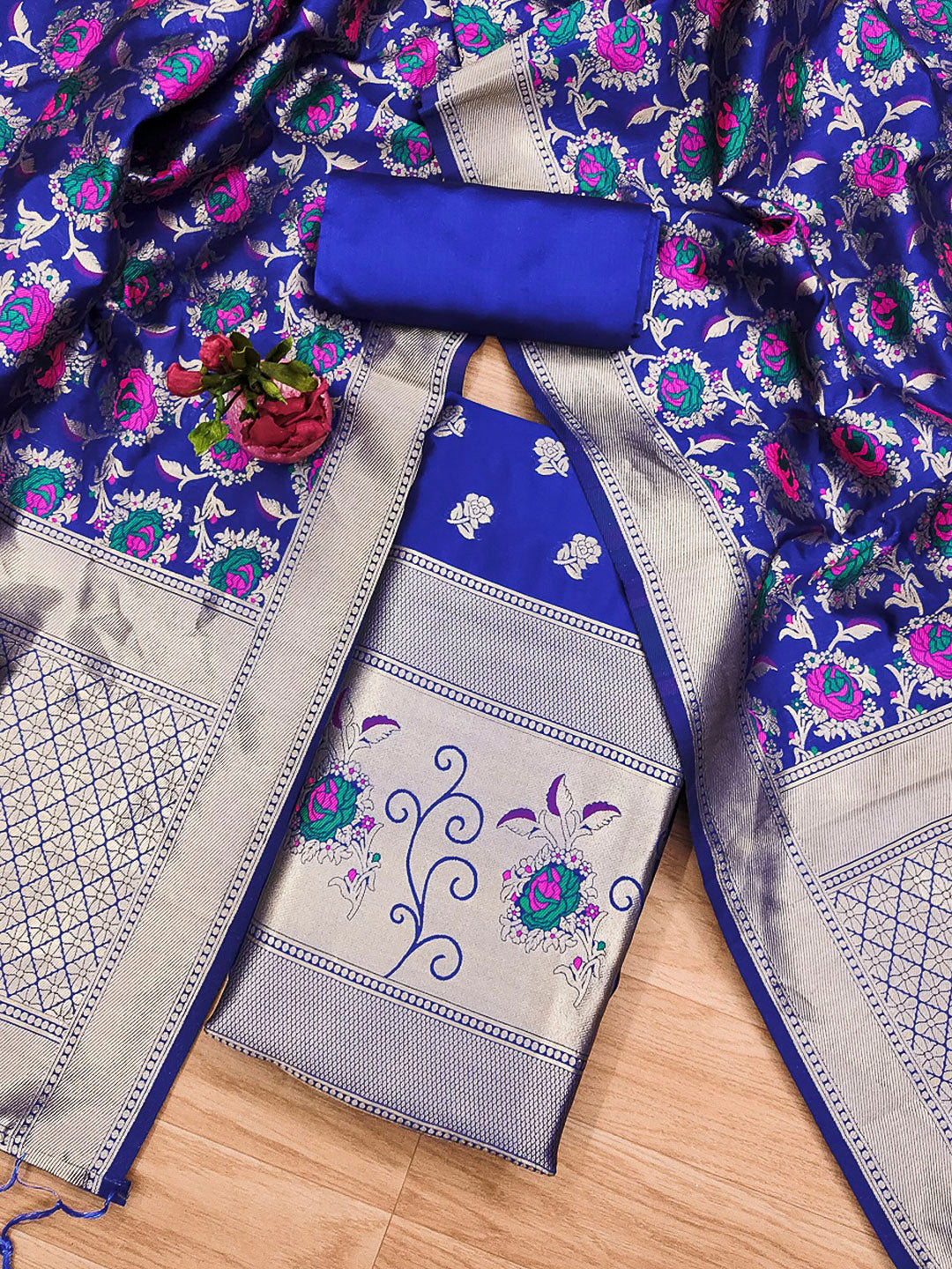 Royal-Blue Pure Soft Banarasi Silk Woven Design Unstitched Dress Material