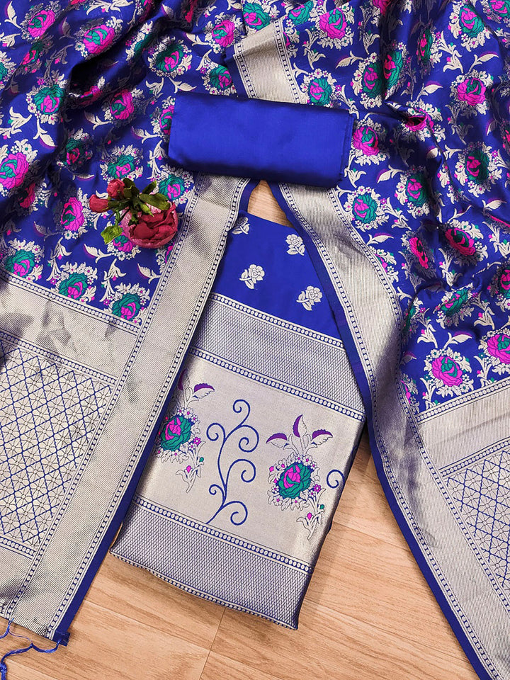 Royal-Blue Pure Soft Banarasi Silk Woven Design Unstitched Dress Material