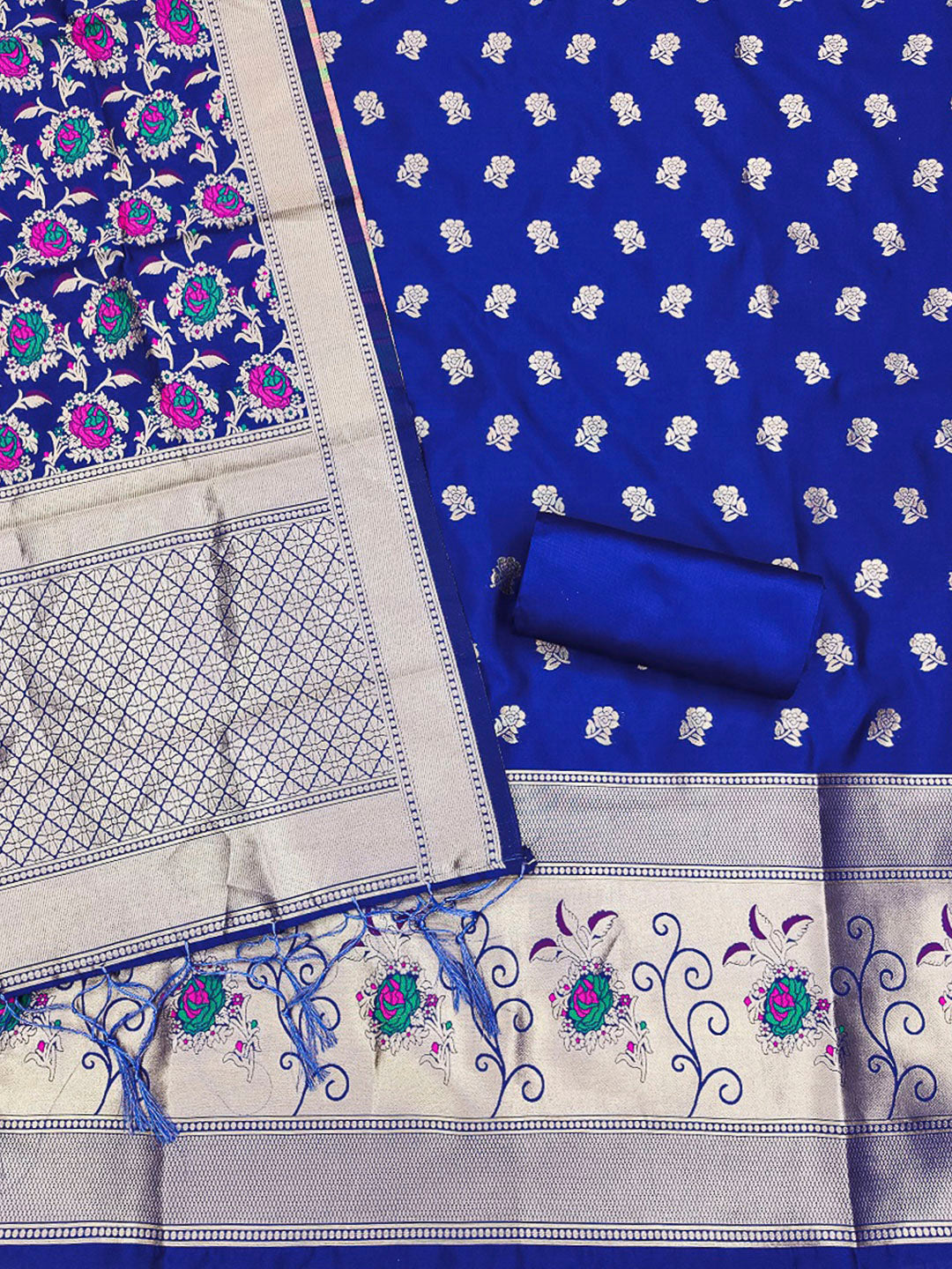 Royal-Blue Pure Soft Banarasi Silk Woven Design Unstitched Dress Material