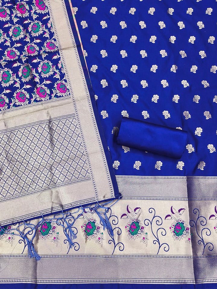 Royal-Blue Pure Soft Banarasi Silk Woven Design Unstitched Dress Material