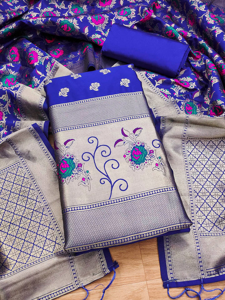 Royal-Blue Pure Soft Banarasi Silk Woven Design Unstitched Dress Material
