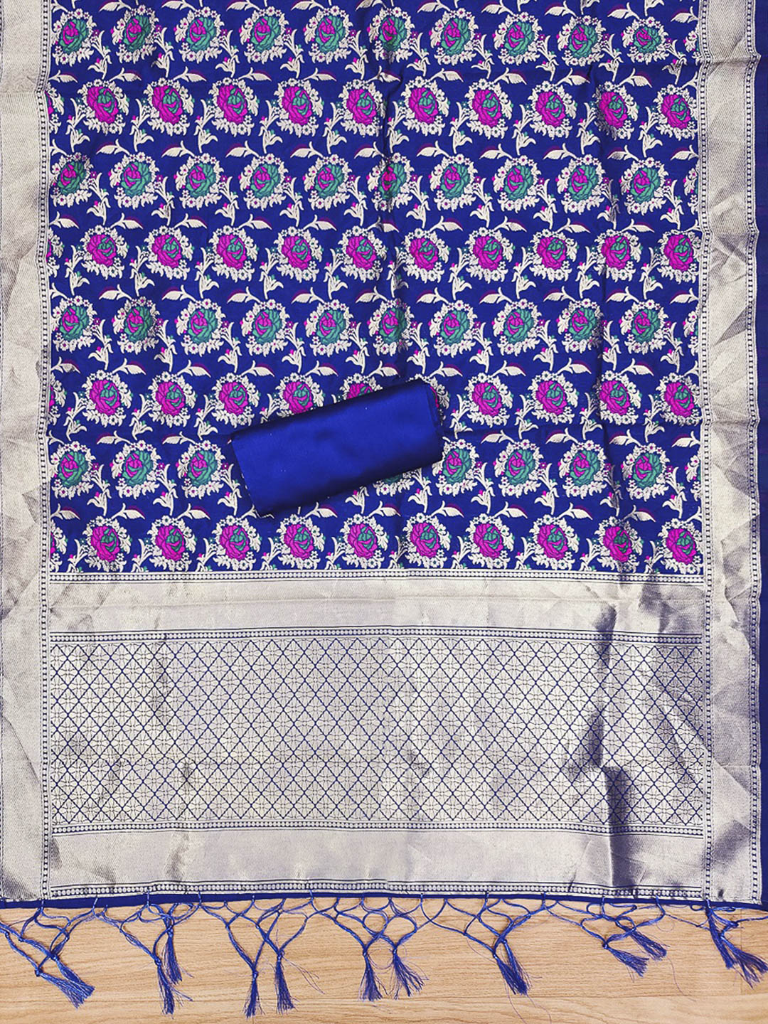 Royal-Blue Pure Soft Banarasi Silk Woven Design Unstitched Dress Material