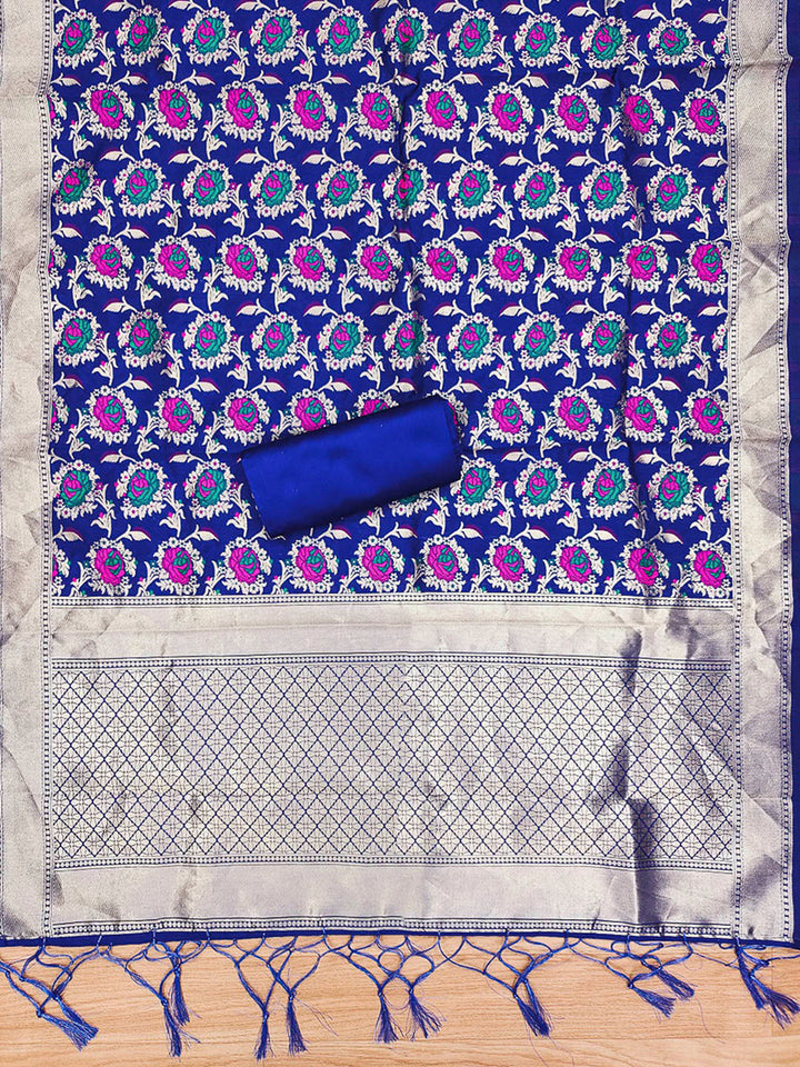 Royal-Blue Pure Soft Banarasi Silk Woven Design Unstitched Dress Material